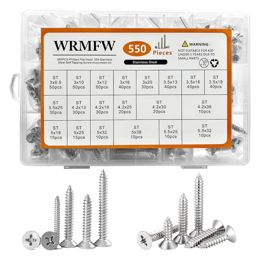550pcs Wood Screws Set,Diameter 3-5.5 #4-#12 304 Stainless Steel Phillips Countersunk Sheet Metal Self Tapping Screw Assortment kit,Rust-Proof, High Strength, for Metal, Wood & Outdoor Projects