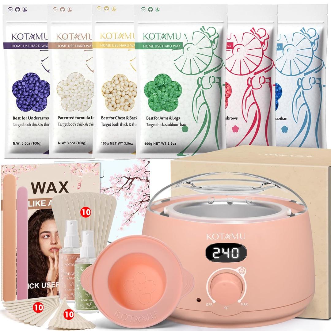 KOTAMU Wax Kit, Waxing Kit for Women Men Hair Removal, Digital Waxing Machine for Face Eyebrow Bikini Brazilian Leg Body &Sensitive Skin, Pink Wax Warmer With 44 Accessories for Home Salon Use (3.5 Ounce (Pack of 6), Blush 02)