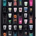 Shot Glass Display Cabinet Solid Wood - Large Display Case for Collectibles | Man Cave Accessories | UV Protection Acrylic Door | Wall Mounted Black Shadow Box | 36 Divided Slots | 26" x 18"