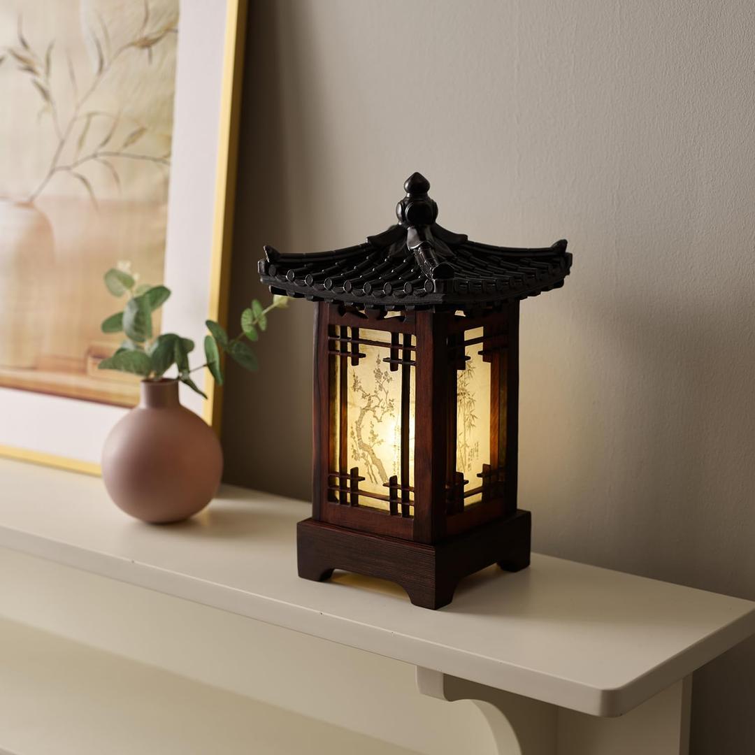 Traditional Korean Wood Lamp | Handmade Asian Oriental Table Lantern | Bedside Bedroom Accent Light | Unique Gift Idea | Pagoda Design (Brown) (House)