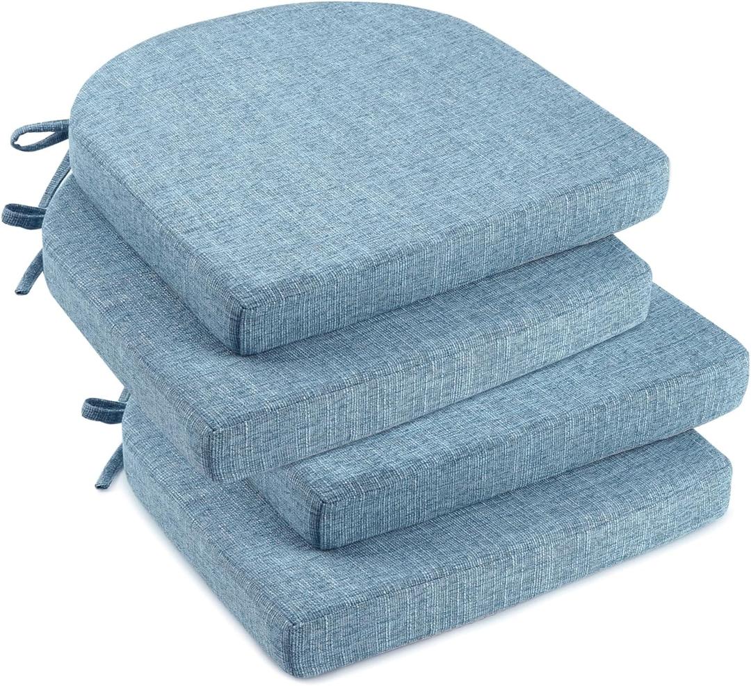 downluxe Indoor Chair Cushions for Dining Chairs, Soft and Comfortable Textured Foam Kitchen Chair Pads with Ties and Non-Slip Backing, 16" x 16" x 2", Light Blue, 4 Pack