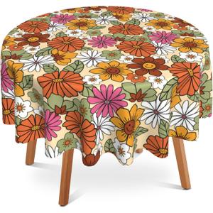 70s Retro Floral Round Tablecloth 60" Diameter for Indoor and Outdoor, Daisy Waterproof Table Cloth Cover Decorative for Party Holiday Dining Tabletop Home Decor
