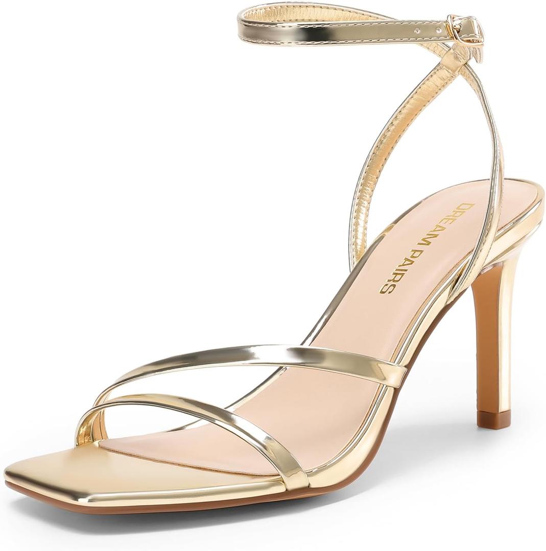 DREAM PAIRS Womens High Stilettos Heels Open Toe Square Sandals Ankle Strap Pumps Sexy Comfort Strappy Dress Shoes Party Wedding Heeled Sandals (8.5, Light Gold)