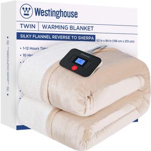 Westinghouse Electric Blanket Twin, Heated Blanket Twin Size with 10 Heating Levels and 1 to 12 Hours Heating Time Settings, Flannel to Sherpa Reversible, Machine Washable (62" x 84", Beige)