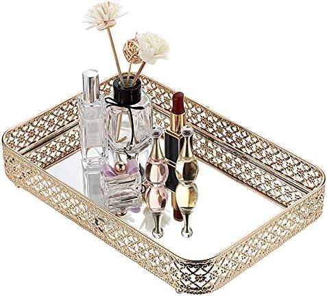 ELLDOO Perfume & Makeup Vanity Tray - Hollow-Carved Jewelry Storage, Glass & Metal Trinket Organizer for Dresser & Bathroom Countertop, Gold, Medium Size