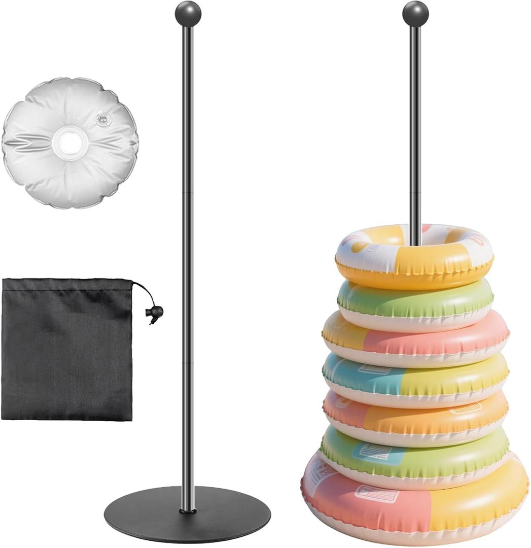 Metal Pool Float Storage Rack, Adjustable Pool Float Holder with Water Weight Bag,Storage Bag, Pool Float Storage for Swimming Pool, Beaches Swimming Rings Outdoor Storage