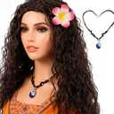 Women Adventure Princess Wigs for Halloween Long Dark Brown Curly Wig with Plumeria Flower Necklace Party Wigs (one size, Type 1)