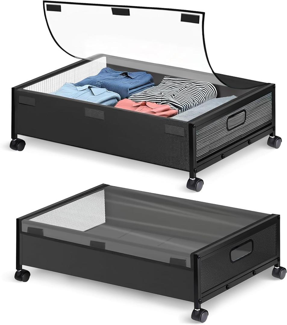 2 Pack Under Bed Storage Containers with Wheels, Rolling Underbed Drawers for Clothes, Shoes, Toys, and More, Black, Modern Style, 31.5 x 16.5 x 7.1 Inches
