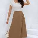 CHARTOU Women's Summer Linen Elastic Back Buttoned Swing Midi A Line Skirt (Brown, M)