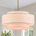 Modern Drum Chandelier Vintage Modern Chandelier Light Fixture with Linen Shade Golden Farmhouse Drum Chandeliers for Dining Room, Kitchen Island, Living Room, Bedroom, 19.7in