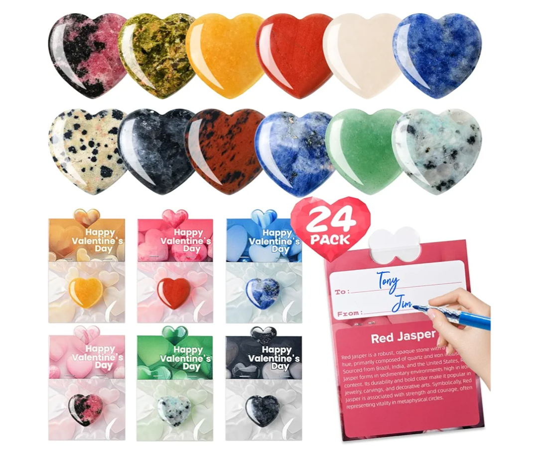 Valentines Day Gifts for Kids - 24 Pack Prefilled Valentine's Day Cards with Heart-shaped Gem for School Classroom Class - Valentine Rock Crystal Gift Exchange for Boys Girls Party Favor