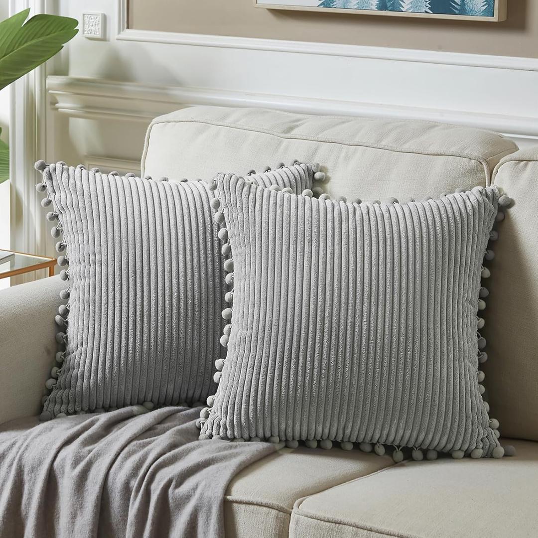 Fancy Homi Pack of 2 Blush Pink Decorative Throw Pillow Covers with Pom-poms, Soft Corduroy Solid Square Cushion Cases Set for Couch Sofa Bedroom Car Living Room (16x16 Inch/40x40 cm (16" x 16" (Pack of 2))