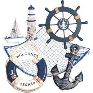 Wooden Nautical Lighthouse Anchor Wall Hanging Ornament, Beach Wooden Boat Ship Steering Wheel Wall Decor, Nautical Sailing Ship Nautical Ship Wheel, Anchor Decor, Mediterranean Style Fishing Nets