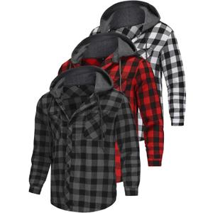 3 Pack Lightweight Hooded Flannel Shirt for Men Casual Button Down Plaid Shirt Long Sleeve Fashion Hooded with Pocket (Large, Grey/White/Red)