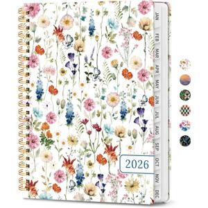 2026 Planner, Weekly and Monthly Calendar Planner for Women, Jan 2026 - Dec 2026, Hardcover Planning Agenda book with Tabs, Spiral Bound, Inner Pocket, Perfect for School Office Supplies, 6.3" x 8.5" - Wildflowers