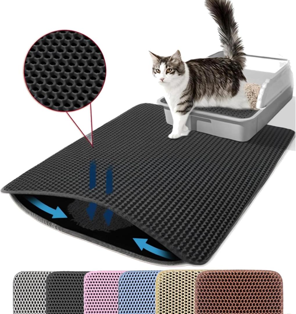 Petinstinct Cat Litter Mat, 24x18 Inches Large Double Layer Honeycomb Cat Litter Trapping Mat, Non Slip Waterproof Urine Proof Cat Litter Box Mat for Floor, Kitty Litter Rug, Cat Supplies, Black