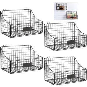 4 Pcs Slatwall Baskets with Hooks Wire Hanging Basket Black Wall Basket Storage Shelf Slatwall Organizer Accessories Tools for Pantry Kitchen Garage Workbench(14.6in)