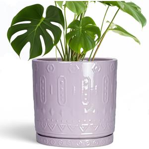 Eightpot 10 Inch Planter, Ceramic Plant Pots for Indoor Outdoor, Round Pot for Plants with Drainage Hole and Sacuer, Boho Plant Pot, Decorative Flower Pots, Living Room Decor, Purple