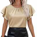 siliteelon Blouses for Women Business Casual Tops for Women Ruffle Short Sleeve Flowy Satin Silk Work Trendy Elegant Summer (L)