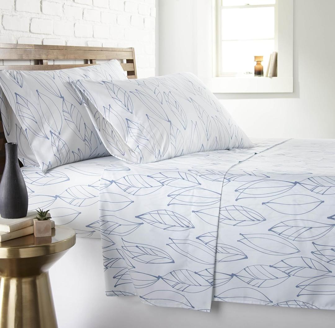 Southshore Fine Living, Inc. 4-Piece Botanical Sheets Set, 15 Inch Deep Pocket Queen Size Sheet Sets, Easy Care Microfiber Bedsheets, Leaf Printed Sheet Set Queen Size - Modern Foliage Blue on White