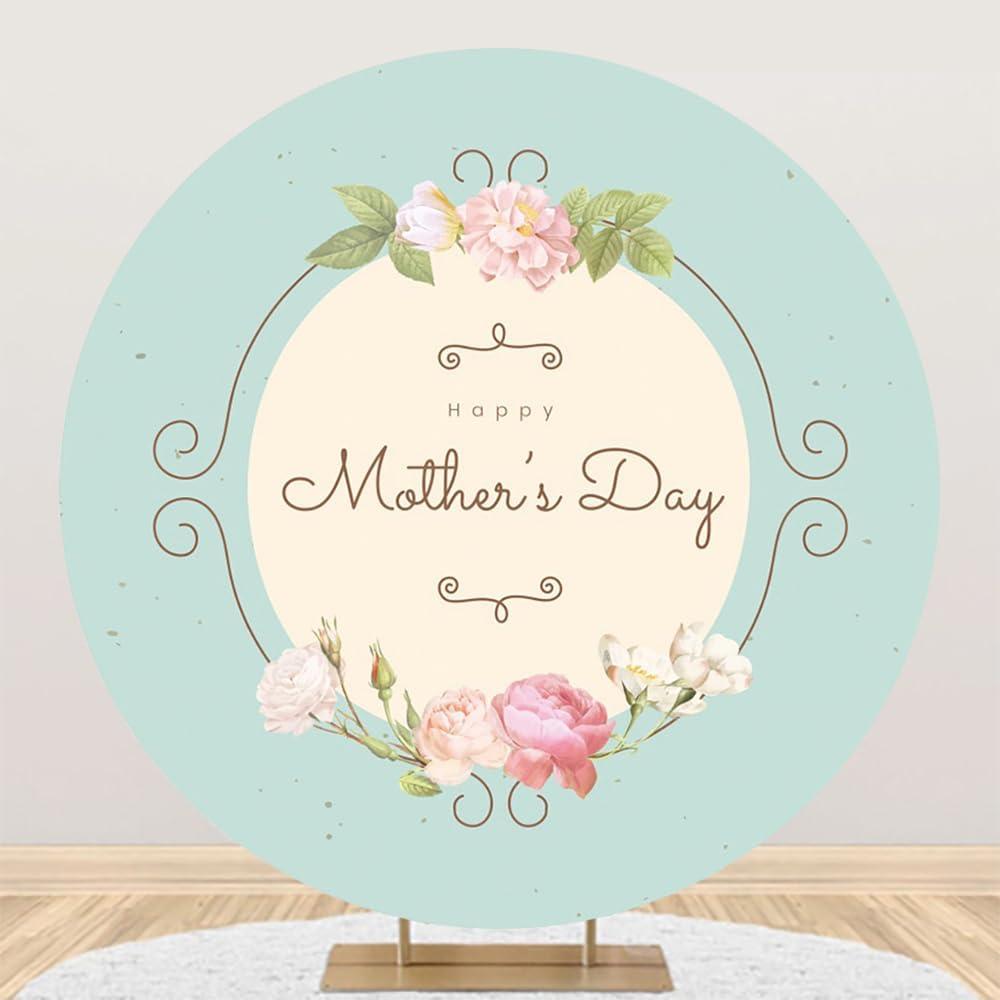 Renaiss 6.5x6.5ft Happy Mother's Day Round Backdrop Cover Pink Rose Flowers Green Mother's Day Circle Photography Background Feliz Da De La Madre Mother's Day Party Decors Arch Photo Booth Props