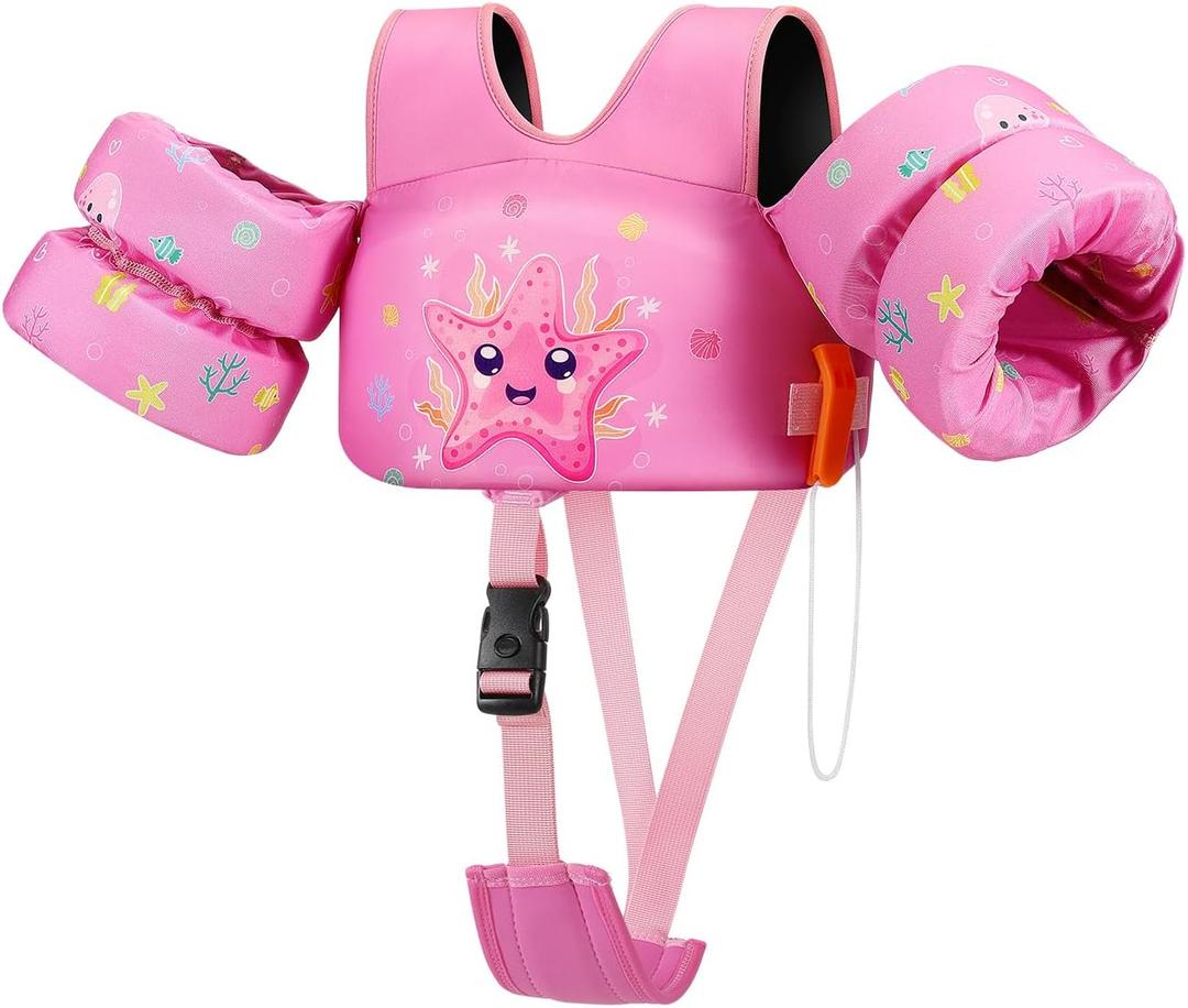 HeySplash Swim Vest for Kids, Toddler Pool Floaties Fit 13-30 Lbs, Baby Arm Floaties with Crotch Strap, Swim Jacket Water Wing Arm Band, Puddle Beach Boat Jumper Girl Learn to Swim, S Size, Pink Starfish