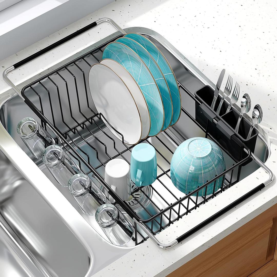Dish Drying Rack Over the Sink In Stainless Steel Black Expandable Drainer for Small Kitchen, Counter Space Saving Compact Inside Sink Plate Dryer, Adjustable Hanging Metal Wire Strainer Drain Holder