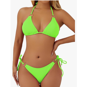 swimall Women's String Bikini Set Sexy Tie Side Two Piece Swimsuit Cute Triangle Halter Bathing Suit, Size L