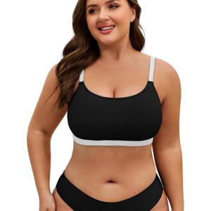 Scoop Neck Sports Bra Plus Size Bikini Tops Classic Large Bust Bathing Suits Top with Padded Crop Swimsuit, Black&White, 3XL