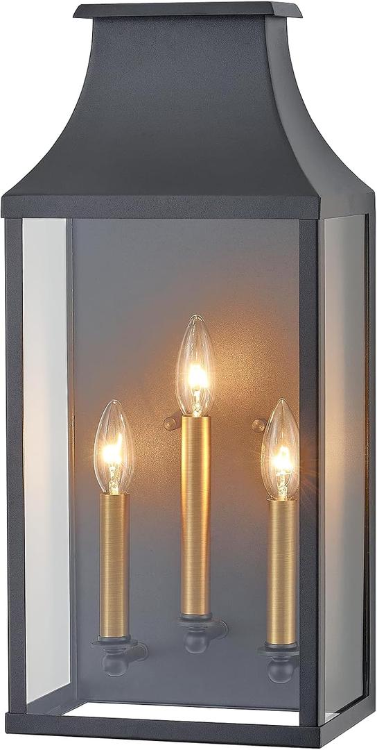 21"Large Classic Outdoor Wall Lantern Light For House Exterior,Handcrafted Satin Black Metal Cage Mounted Pocket Wall Sconce W/Clear Tempered Glass,Waterproof for Porch, Patio, Garage&Front Door E12