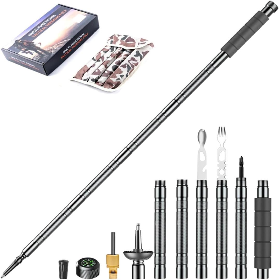 Trekking Pole Tactical Walking Stick, Multifunctional Lightweight Aircraft Aluminum Collapsible Survival Hiking Pole with Storage Bag for Women Men Seniors Camping Backpacking (6-section gray handle)
