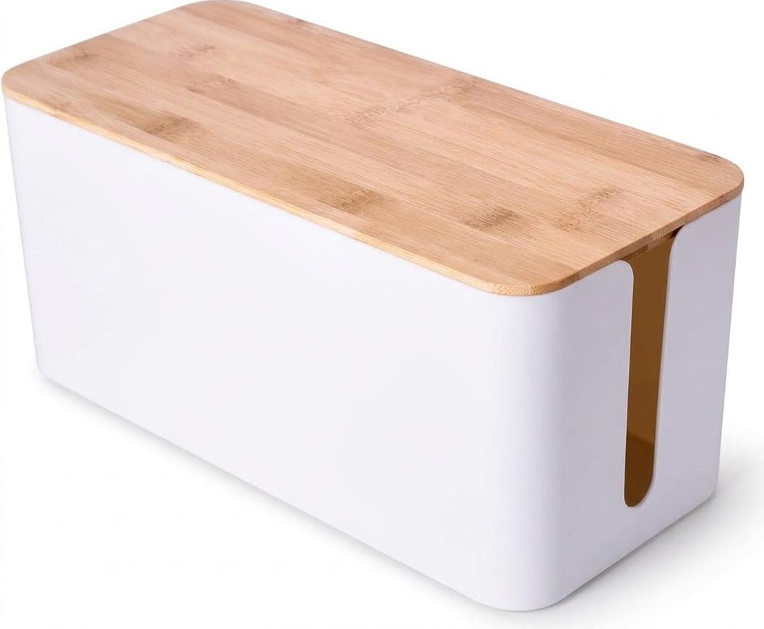 Large Cable Management Box – Wooden Style Cord Organizer and Cover for TV Wires, Computer, Router, USB Hub and Under Desk Power Strip – Safe ABS Material and Baby-Pets Proof Lock (White)