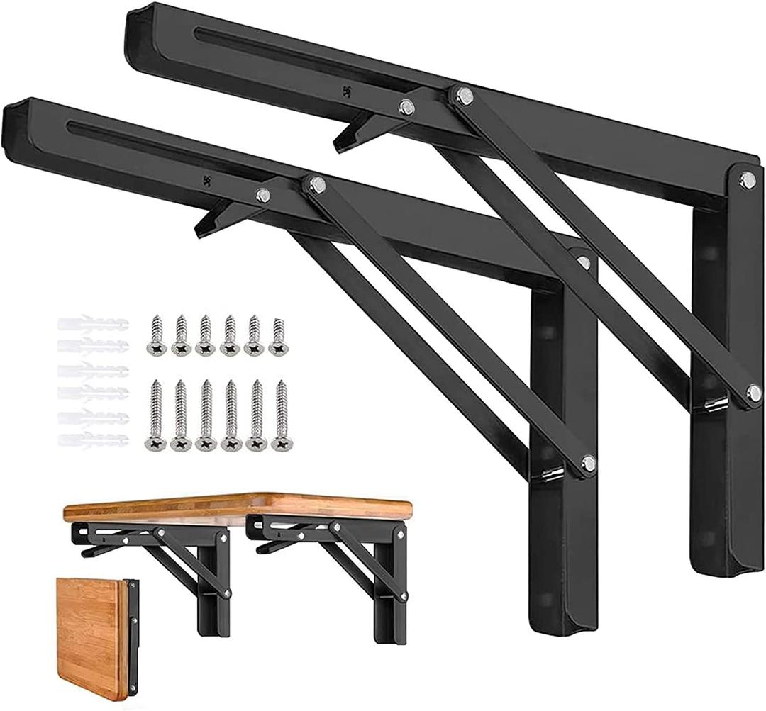 Folding Shelf Brackets - 12 Inch 2 Pcs Heavy Duty Shelf Brackets, Collapsible Shelf Bracket, DIY Wall Mounted Foldable Shelf, Table Brackets, Space Saving with Screws