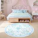 Collive Blue Bow Round Rugs for Girls, 4ft Floral Washable Circle Rug for Bedroom, Cute Ultra-Thin Non Slip Indoor Decor Carpet for Nursery Kids Room Playroom Living Room