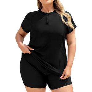 COOTRY Plus Size Two Piece Rash Guard Women Short Sleeve Bathing Suit Zip Up Swimsuit Built in Bra Swim Suit Swimwear (Black, XXXL)