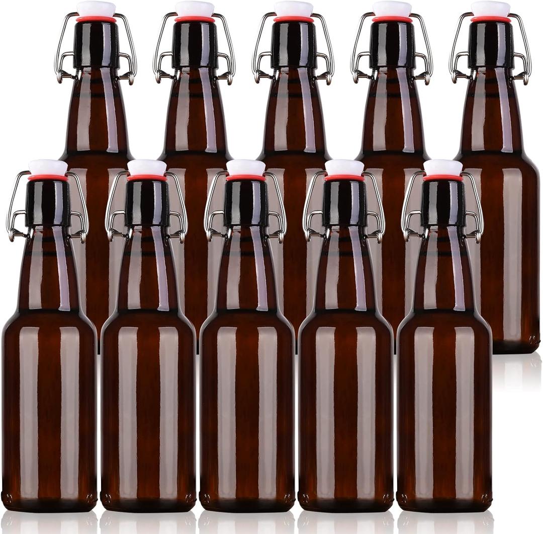 Amber Beer Bottles with Flip Caps, 12oz 10 Pack Glass Bottle with Swinging Top for Airtight Lids, Home Brewing and Fermentation Kombucha, Vanilla Extract, Beverage, Water, Kefir