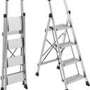 HBTower 4 Step Ladder,Lightweight Aluminum Folding Step Stool with Anti-Slip Wide Pedal,330lbs Capacity Step Ladder for Household,Kitchen,Office - Silver