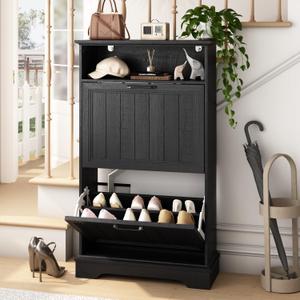 Shoe Storage Cabinet with 2 Flip Drawers, 24" W Farmhouse Modern Hidden Shoes Rack Cabinet with Adjustable Shelves & Open Storage, Narrow Slim Shoe Organizer for Front Door Entrance, Entryway, Black
