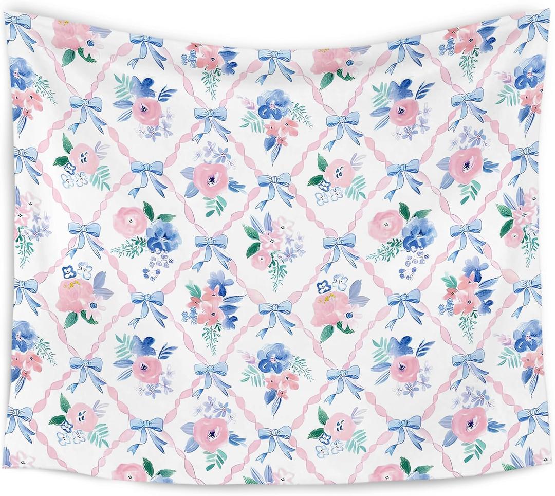 WARDOS Coquette Pink Bow Tapestry, Coquette Room Decor, Preppy Pink and Blue Floral Tapestry, Cute Preppy Room Decor Teen Girls, Girly Bedroom Decor, Coquette Stuff, 50x60 Inch