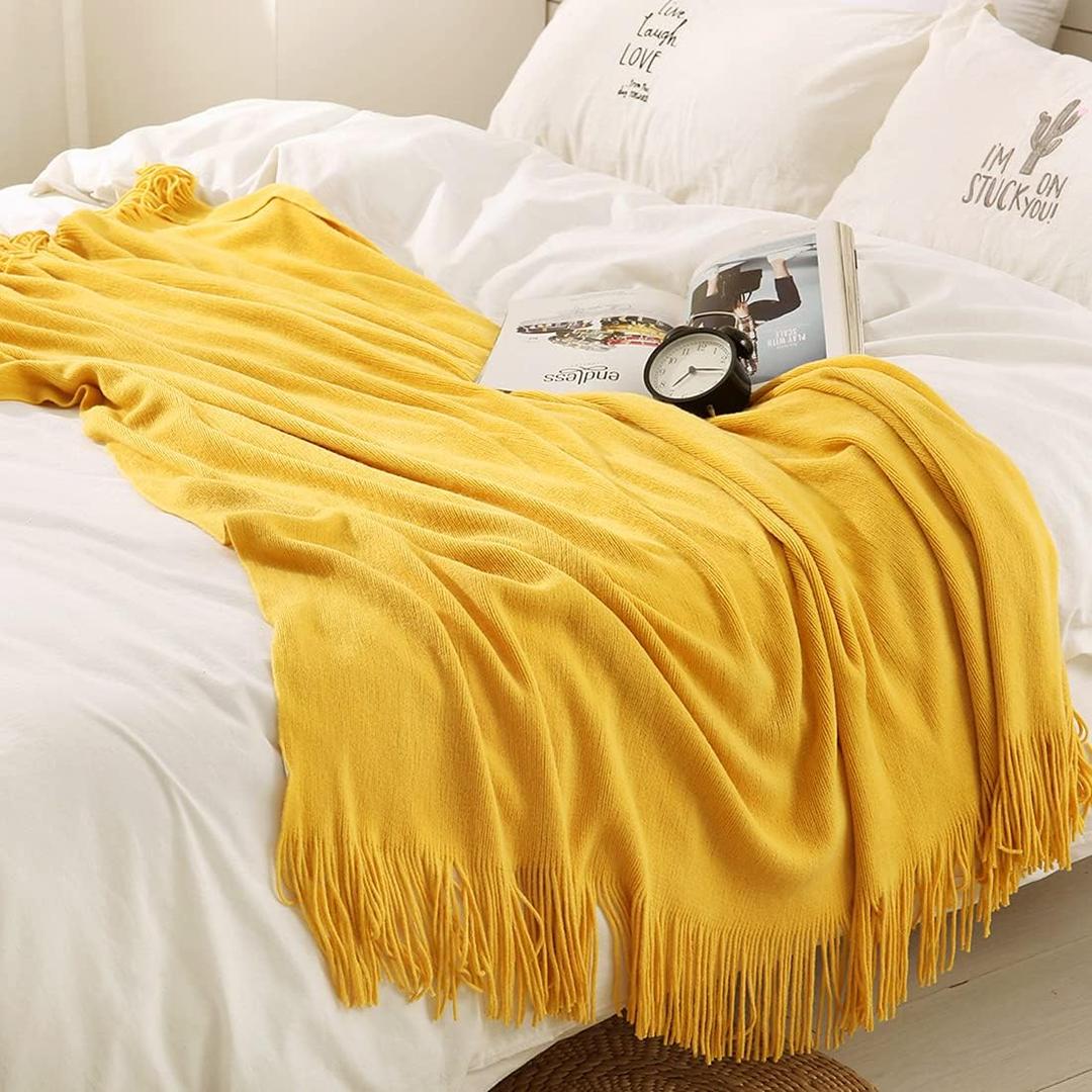 Homiest Decorative Knitted Throw Blanket with Fringe Soft & Cozy Tassel Blanket for Couch Sofa Bed (Yellow,50x60)