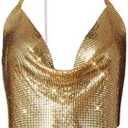 Womens Sexy Metallic Sequins Halter Crop Top Deep V Neck Backless Vest Shirt Clubwear Rave Outfit 50 * 30CMGold Strap (Gold)