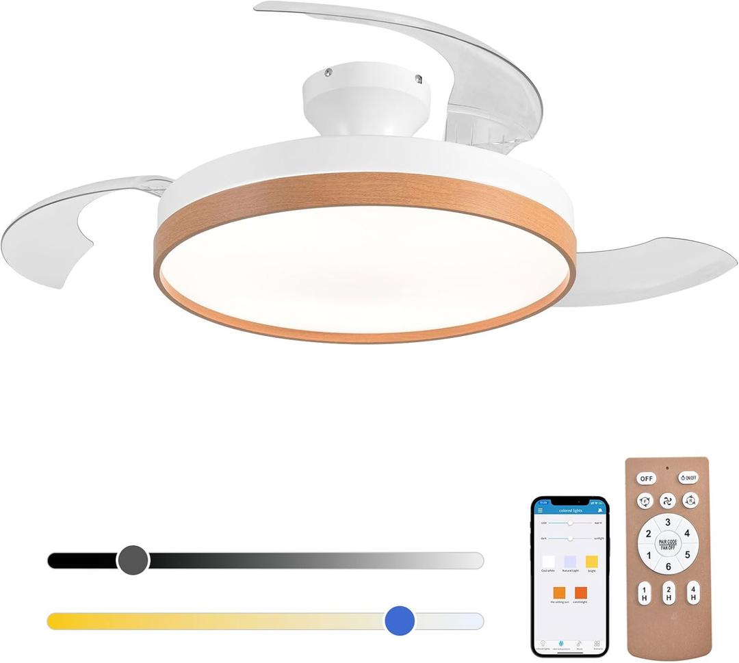 Retractable Ceiling Fan with Lights, 42 Inch Low Profile Ceiling Fan with Light, Ceiling Fans with Lights and Remote Modern Fandelier for Bedroom Living Room Dinning Room (Wood)