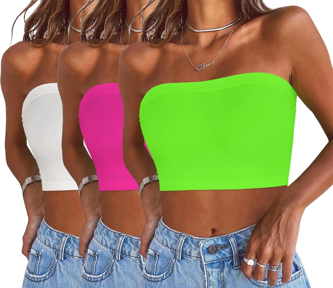 Womens Tube Tops Summer Bandeau Casual Crop Top Going Out Strapless Tank Basic Short Shirt (One Size Plus, 3 Pieces White,neon Pink,neon Green)