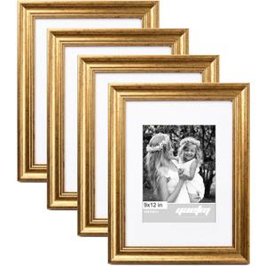 Yaetm Gold 9x12 Picture Frame Matted to 6x8 Set of 4, 1.4 Wide Molding & Rustic Gold Photo Frames 9 x 12 with Tempered Glass, Display on Tabletop & Wall Mounting, 4 Pack