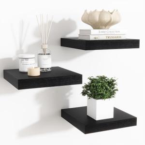 Fun Memories Floating Shelves for Wall - 7.5 Inch Square Shelves with Invisible Brackets, Black Small Wall Shelf for Living Room, Bathroom, Bedroom, and Kitchen DecorBlack Set of 3