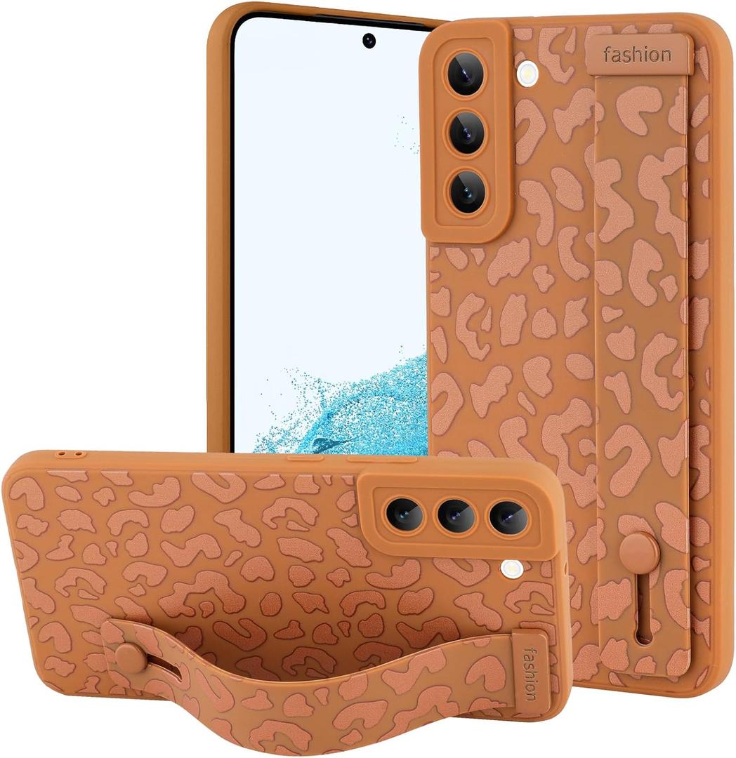 OOK Compatible with Samsung Galaxy S22 Plus Case with Wrist Strap, Leopard Silicone Shockproof Protective Slim Anti-Scratch Cheetah Cover for Women Girls, Brown