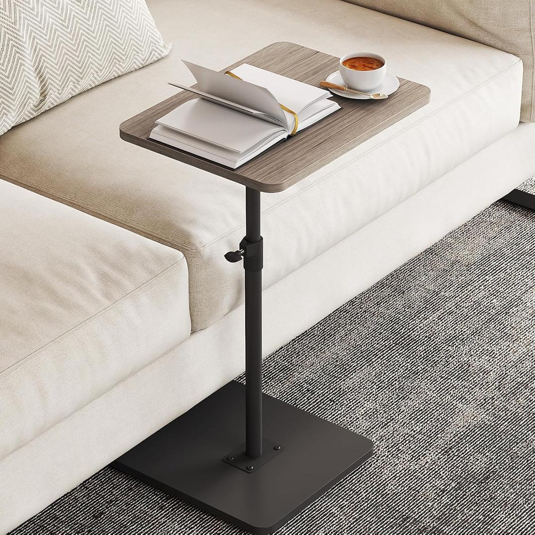 NiHome Minimalist Height Adjustable End Table, 360 Rotatable Sofa Armrest Side Tray Table, Adjustable Legs Space-Saving Couch Bedside Bathtub TV Tray C-Shaped End Table Snack Table for Eating (Gray)
