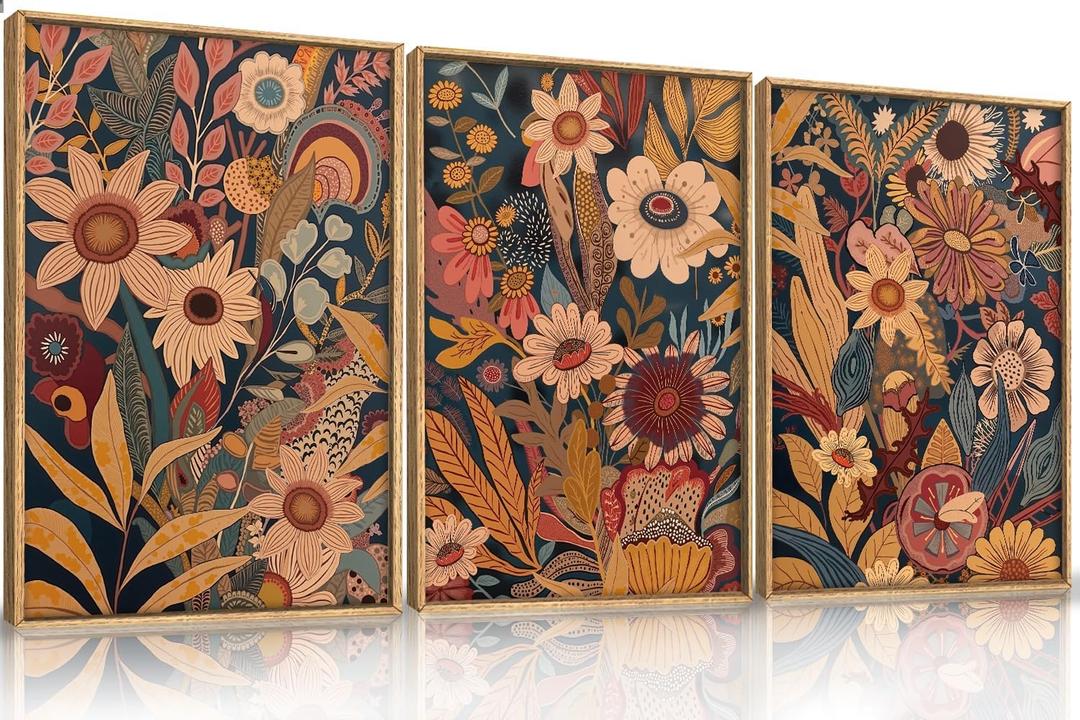 HOURIA Large Boho Floral Blossom Framed Canvas Wall Art Set,Retro Orange Flowers Bouquet Leaf Wall Decor,Vintage Botanical Artwork,Colorful Plant Art Print for Living Room,Bedroom,Office- 16"x24"x3