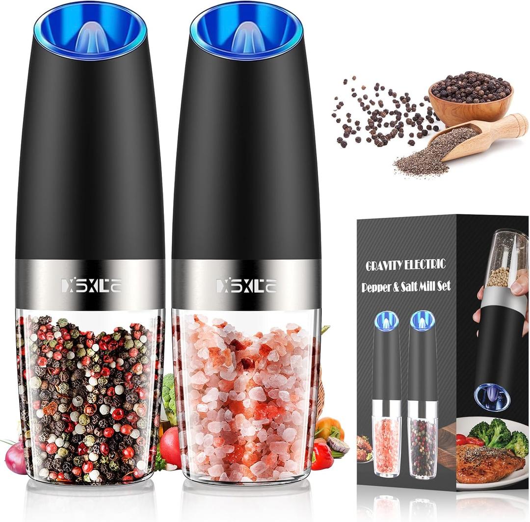 XinXu Gravity Automatic Electric Pepper and Salt Grinder, Auto Salt or Pepper Mill Shaker Stainless Steel,Blue LED Light,One Hand Operated, Black