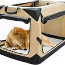 Pettycare 30 Inch Collapsible Dog Crate for Medium Dogs, 4-Door Foldable Soft Dog Kennel with Chew Proof Mesh Windows, Indoor & Outdoor Travel Dog Crate, Beige